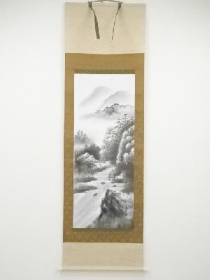 青治筆　墨山水　肉筆絹本掛軸（共箱）